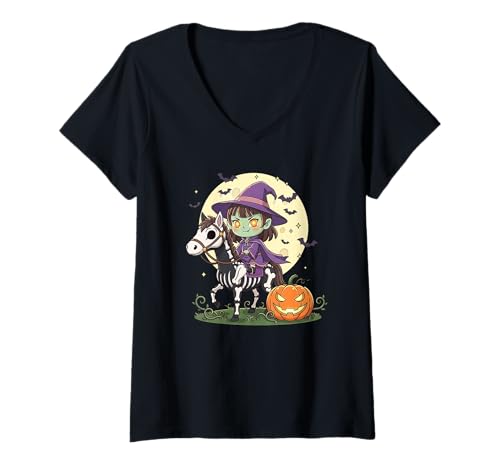 Damen Mädchen Halloween T-Shirt mit V-Ausschnitt von Halloween Horse Lover Outfits Girls Women