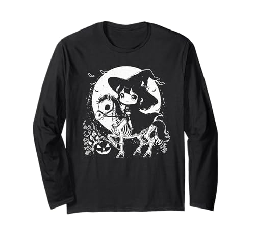 Halloween Mädchen Hexe Reitpferd Skelett Niedliche Grafik Langarmshirt von Halloween Horse Lover Outfits Girls Women