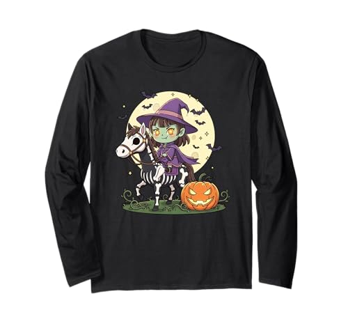 Hexe Reitpferd Skelett niedlich gruselig Halloween Mädchen Langarmshirt von Halloween Horse Lover Outfits Girls Women