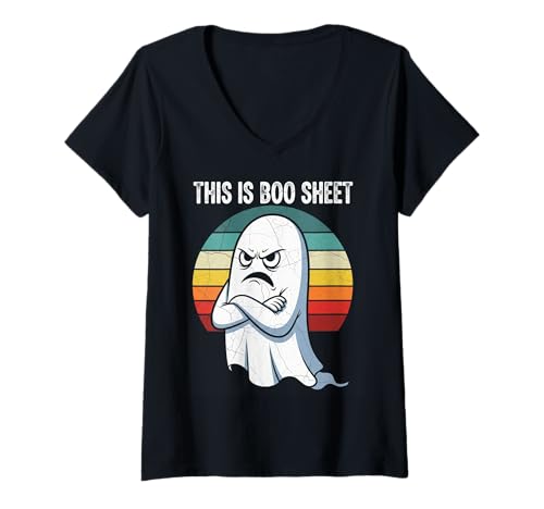 Damen This is Boo Sheet Lustiger Geist Halloween Retro Kostüm Gruselig T-Shirt mit V-Ausschnitt Damen This is Boo Sheet Lustiger Geist Halloween Retro Kostüm Gruselig T-Shirt mit V-Ausschnitt von Halloween Humor Costume Spooky Cute Men Women