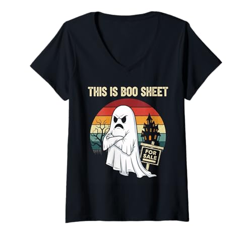 Damen This is Boo Sheet Lustiges Retro Ghost Halloween Kostüm Herren T-Shirt mit V-Ausschnitt Damen This is Boo Sheet Lustiges Retro Ghost Halloween Kostüm Herren T-Shirt mit V-Ausschnitt von Halloween Humor Costume Spooky Cute Men Women