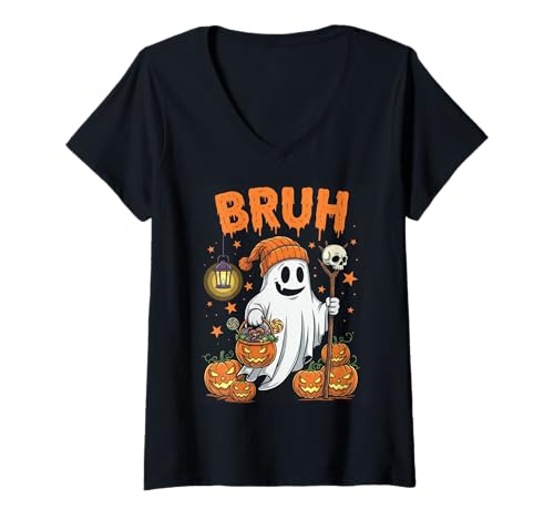 Damen Bruh Ghost Halloween Lustiger Boo Geist Niedliches Halloween Kostüm T-Shirt mit V-Ausschnitt von Halloween Humor Costume Spooky Sarcasm