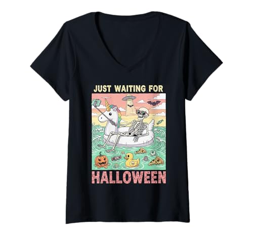 Damen Just Waiting for Halloween Fun Skelett Selfie Summer Spooky T-Shirt mit V-Ausschnitt von Halloween Humor Costume Spooky Sarcasm