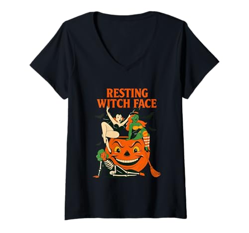 Damen Ruhende Hexe Gesicht Halloween Humor Retro Design T-Shirt mit V-Ausschnitt Damen Ruhende Hexe Gesicht Halloween Humor Retro Design T-Shirt mit V-Ausschnitt von Halloween Humor Witches Bats Pumpkins Fun