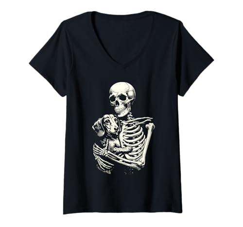 Damen Skelett hält Dackel Hundeliebhaber Dackel Mama Papa T-Shirt mit V-Ausschnitt Damen Skelett hält Dackel Hundeliebhaber Dackel Mama Papa T-Shirt mit V-Ausschnitt von Halloween Hunde & Co.