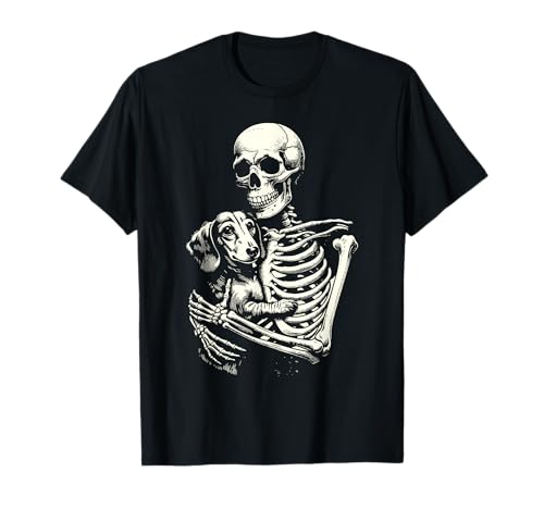 Skelett hält Dackel Hundeliebhaber Dackel Mama Papa T-Shirt Skelett hält Dackel Hundeliebhaber Dackel Mama Papa T-Shirt von Halloween Hunde & Co.