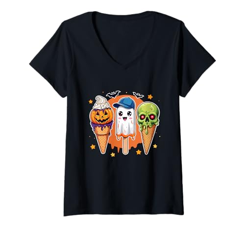 Damen Lustiges Halloween Eiscreme Geist Kürbis Schädel Kostüm T-Shirt mit V-Ausschnitt Damen Lustiges Halloween Eiscreme Geist Kürbis Schädel Kostüm T-Shirt mit V-Ausschnitt von Halloween Ice Cream Ghost Pumpkin Skull Costume