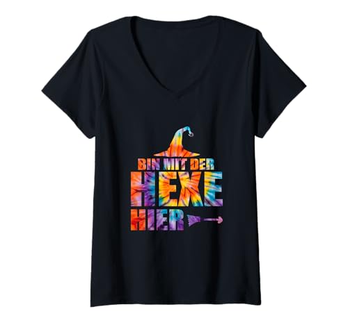 Damen Halloween T-Shirt with German Text Ich Bin Mit Der Hexe Hier T-Shirt mit V-Ausschnitt Damen Halloween T-Shirt with German Text Ich Bin Mit Der Hexe Hier T-Shirt mit V-Ausschnitt von Halloween Ich Bin Mit Der Hexe Hier