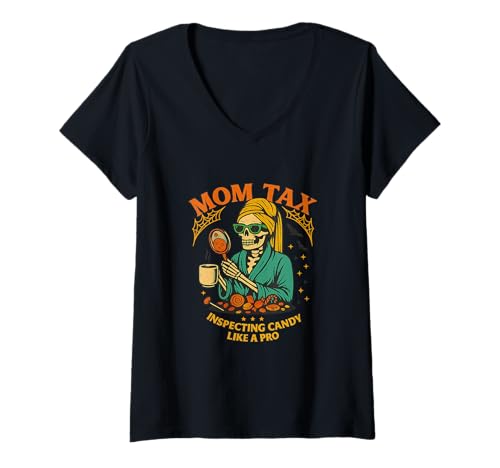 Damen Skelett Halloween Mama Tax Inspecting Candy T-Shirt mit V-Ausschnitt Damen Skelett Halloween Mama Tax Inspecting Candy T-Shirt mit V-Ausschnitt von Halloween Irland World Team HIWT