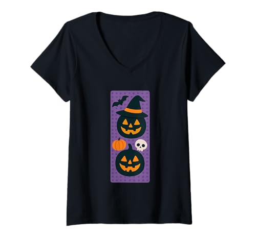 Damen Halloween Jack O Laternen mit Hexenhut T-Shirt mit V-Ausschnitt Damen Halloween Jack O Laternen mit Hexenhut T-Shirt mit V-Ausschnitt von Halloween Jack O Lantern Pumpkin Festive Night
