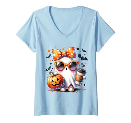 Damen Lustiger Geist mit Kaffee Halloween T-Shirt mit V-Ausschnitt Damen Lustiger Geist mit Kaffee Halloween T-Shirt mit V-Ausschnitt von Halloween Kaffee Geist Humor