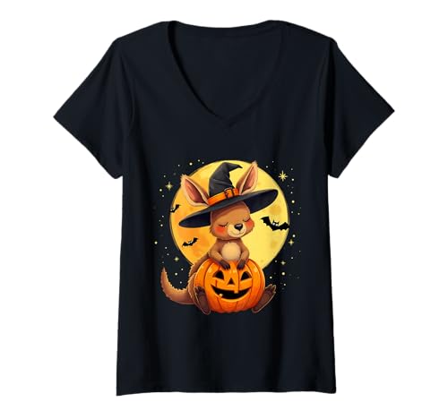 Damen Halloween Känguru Hexenhut Kürbis Gruselig T-Shirt mit V-Ausschnitt Damen Halloween Känguru Hexenhut Kürbis Gruselig T-Shirt mit V-Ausschnitt von Halloween Kangaroos Pumpkins Bats Costumes
