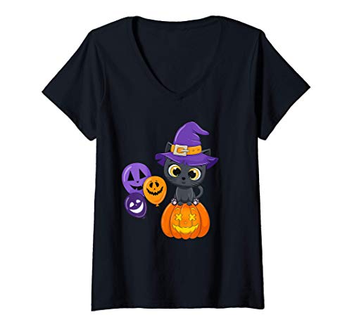 Damen Süße Halloween Katze Hexe Verhexte Katze auf Kürbis T-Shirt mit V-Ausschnitt von Halloween Katze Kostüm Kürbis Gesicht Geschenk