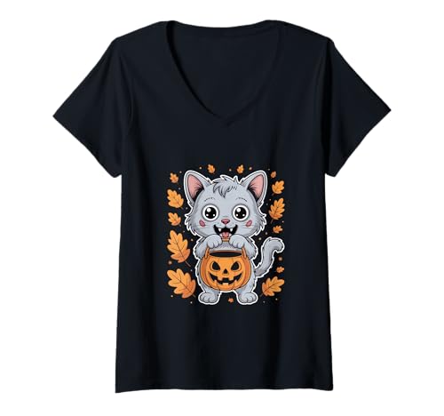 Damen Süße Halloween Katze Mit Kürbis Eimer Und Herbstlaub T-Shirt mit V-Ausschnitt Damen Süße Halloween Katze Mit Kürbis Eimer Und Herbstlaub T-Shirt mit V-Ausschnitt von Halloween Katze Kürbis Niedlich Herbst Blätter