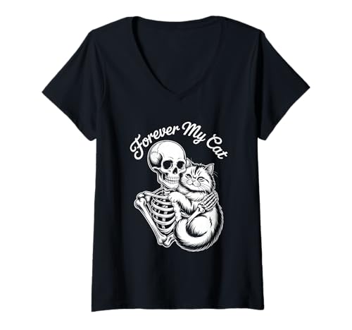 Damen Halloween Katze Skelett Forever My Cat Spruch T-Shirt mit V-Ausschnitt Damen Halloween Katze Skelett Forever My Cat Spruch T-Shirt mit V-Ausschnitt von Halloween Katze Skelett Grusel Katze Liebe