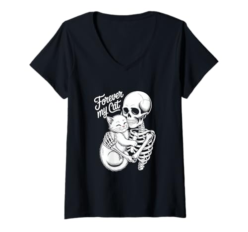 Damen Halloween Forever My Cat Skelett Mit Kuschelnder Katze T-Shirt mit V-Ausschnitt Damen Halloween Forever My Cat Skelett Mit Kuschelnder Katze T-Shirt mit V-Ausschnitt von Halloween Katze Skelett Katzenfreund Grusel