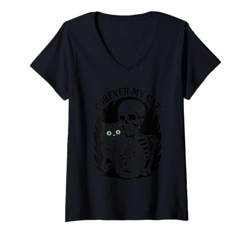 Damen Halloween Forever My Cat Schwarze Katze Skelett T-Shirt mit V-Ausschnitt Damen Halloween Forever My Cat Schwarze Katze Skelett T-Shirt mit V-Ausschnitt von Halloween Katze Skelett Schwarzkatze Grusel
