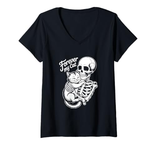 Damen Halloween Forever My Cat Skelett Katze Liebe T-Shirt mit V-Ausschnitt Damen Halloween Forever My Cat Skelett Katze Liebe T-Shirt mit V-Ausschnitt von Halloween Katze Skelett Spuknacht Liebe