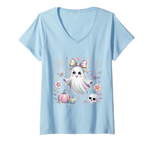 Damen Kawaii Geist Pastell Halloween T-Shirt mit V-Ausschnitt Damen Kawaii Geist Pastell Halloween T-Shirt mit V-Ausschnitt von Halloween Kawaii Süß Lustig