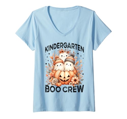 Damen Boo Crew Kindergarten Lehrer Halloween Floral Ghost Women T-Shirt mit V-Ausschnitt von Halloween Kindergarten Teacher Wildflower Girl Kid