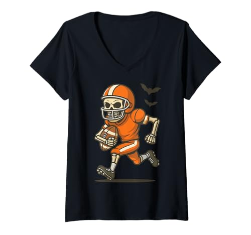 Damen Skelett Spielt Fußball T-Shirt mit V-Ausschnitt von Halloween Kostüm Amerikanisches Skelett Fußball