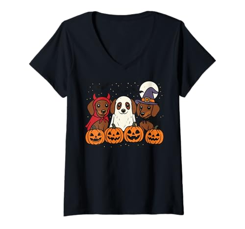 Damen Dackel Halloween Kostüm Wursthund T-Shirt mit V-Ausschnitt von Halloween Kostüm Dackel Wiener Hund Gruselig