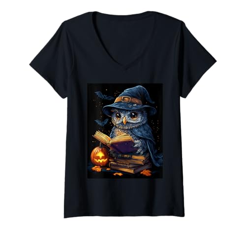 Damen Halloween Deko Frauen Eule Kürbis Männer Kinder Halloween T-Shirt mit V-Ausschnitt Damen Halloween Deko Frauen Eule Kürbis Männer Kinder Halloween T-Shirt mit V-Ausschnitt von Halloween Kostüm Damen Herren Halloween Outfit