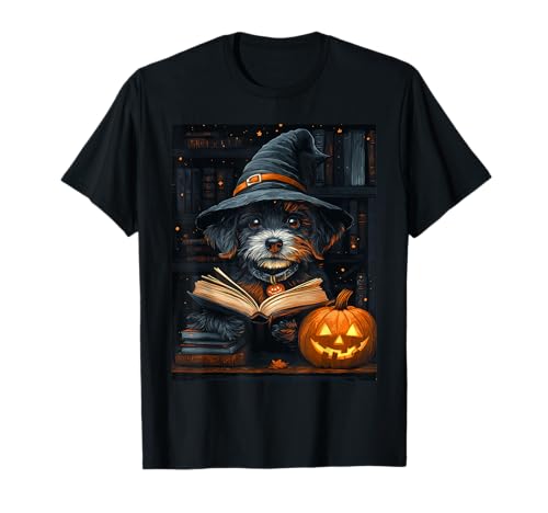 Halloween Frauen Hund Buch Kürbis Männer Kinder Halloween T-Shirt von Halloween Kostüm Damen Herren Halloween Outfit