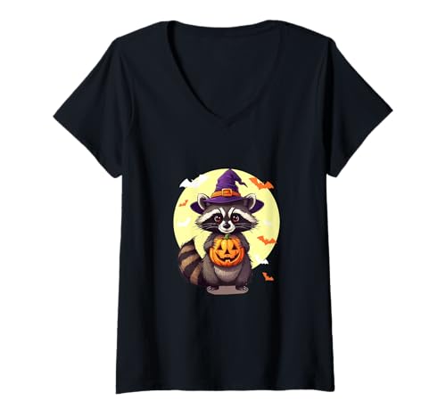 Damen Halloween Pumpkin Raccoon Women Men Children Halloween T-Shirt mit V-Ausschnitt Damen Halloween Pumpkin Raccoon Women Men Children Halloween T-Shirt mit V-Ausschnitt von Halloween Kostüm Damen Raccoon Halloween Outfit