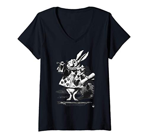 Damen Weißer Hase Party Kostüm Alice im Wunderland Hase Kaninchen T-Shirt mit V-Ausschnitt Damen Weißer Hase Party Kostüm Alice im Wunderland Hase Kaninchen T-Shirt mit V-Ausschnitt von Geburtstag Karneval Halloween Oktoberfest Kostüm