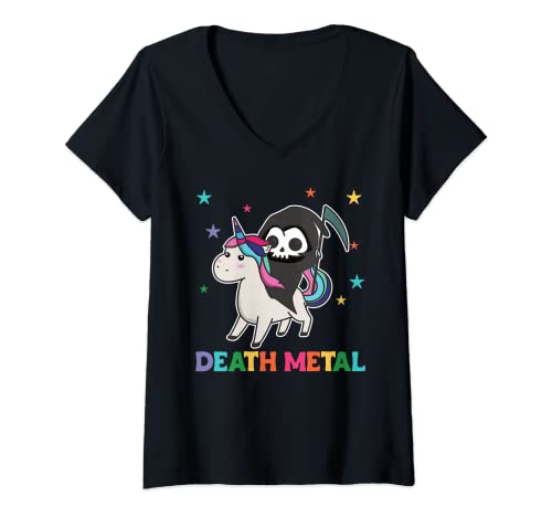 Damen Death Metal Rockmusik - Tod Reiten Einhorn Lustige Einhörner T-Shirt mit V-Ausschnitt Damen Death Metal Rockmusik - Tod Reiten Einhorn Lustige Einhörner T-Shirt mit V-Ausschnitt von Halloween-Kostüm - Sensenmann Regenbogenreiter