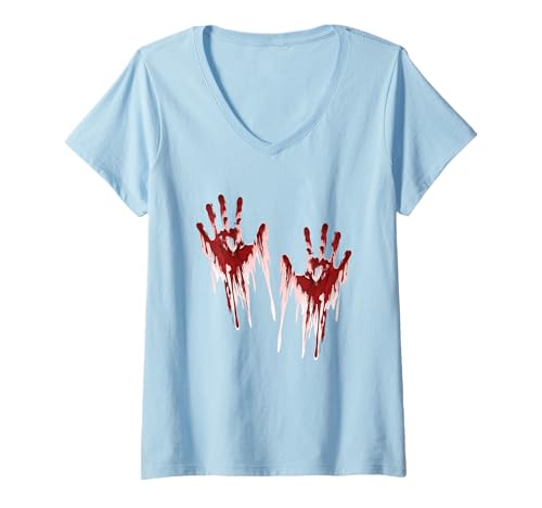 Damen Halloween Blutige Hände Blutspritzer Zombie Kostüm Herren T-Shirt mit V-Ausschnitt von Halloween Kostüm Vampir Verkleidung Damen