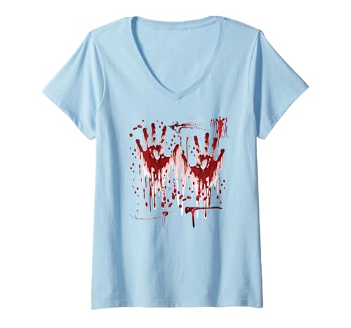 Damen Halloween Blutige Hände Blutspritzer Zombie Kostüm Herren T-Shirt mit V-Ausschnitt von Halloween Kostüm Vampir Verkleidung Damen