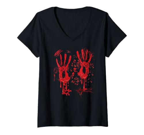 Damen Halloween Blutige Hände Blutspritzer Kostüm Zombie Blut T-Shirt mit V-Ausschnitt Damen Halloween Blutige Hände Blutspritzer Kostüm Zombie Blut T-Shirt mit V-Ausschnitt von Halloween Kostüm Vampire Verkleidung Herren Damen