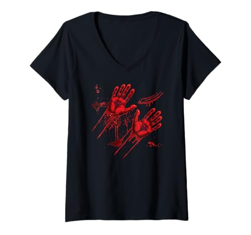 Damen Halloween Blutige Hände Blutspritzer Kostüm Zombie Blut T-Shirt mit V-Ausschnitt Damen Halloween Blutige Hände Blutspritzer Kostüm Zombie Blut T-Shirt mit V-Ausschnitt von Halloween Kostüm Vampire Verkleidung Herren Damen