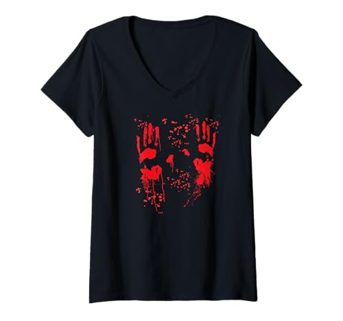 Damen Halloween Blutige Hände Blutspritzer Kostüm Zombie Blut T-Shirt mit V-Ausschnitt Damen Halloween Blutige Hände Blutspritzer Kostüm Zombie Blut T-Shirt mit V-Ausschnitt von Halloween Kostüm Vampire Verkleidung Herren Damen