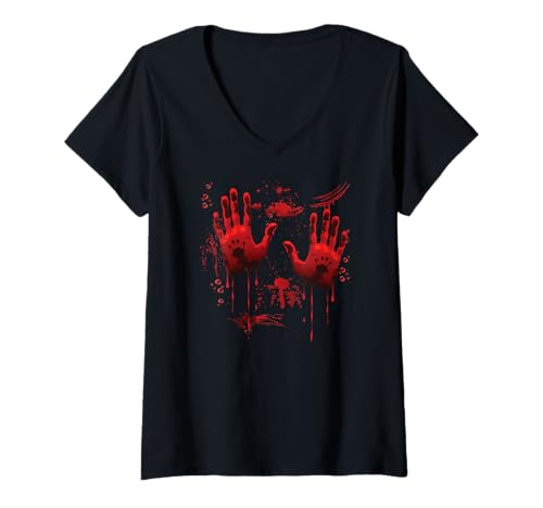 Damen Halloween Blutige Hände Blutspritzer Kostüm Zombie Blut T-Shirt mit V-Ausschnitt Damen Halloween Blutige Hände Blutspritzer Kostüm Zombie Blut T-Shirt mit V-Ausschnitt von Halloween Kostüm Vampire Verkleidung Herren Damen
