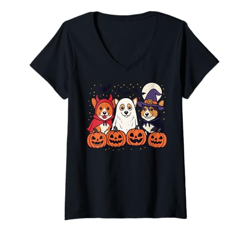 Damen Corgi Halloween Kostüm T-Shirt mit V-Ausschnitt Damen Corgi Halloween Kostüm T-Shirt mit V-Ausschnitt von Halloween Kostüm Welsh Corgi Gruselig