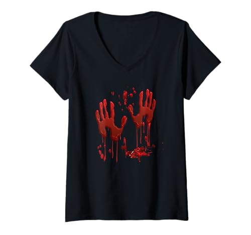 Damen Halloween Blutige Hände Blutspritzer Kostüm Zombie Blut T-Shirt mit V-Ausschnitt Damen Halloween Blutige Hände Blutspritzer Kostüm Zombie Blut T-Shirt mit V-Ausschnitt von Halloween Kostüm Zombie Verkleidung Damen Herren