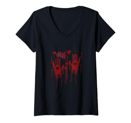 Damen Halloween Blutige Hände Blutspritzer Zombie Kostüm Herren T-Shirt mit V-Ausschnitt von Halloween Kostüm Zombie Verkleidung Damen Vampir