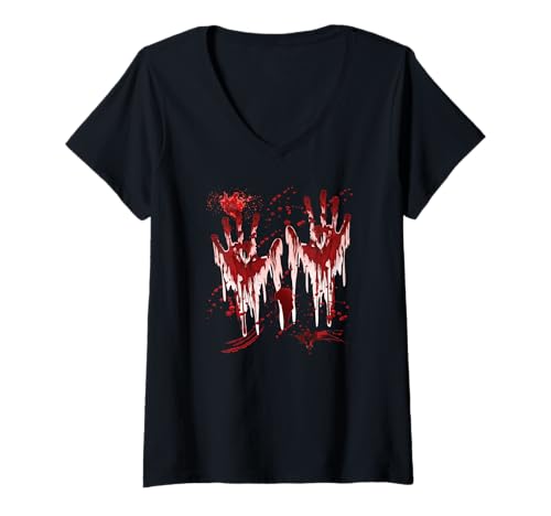 Damen Halloween Blutige Hände Blutspritzer Vampir Kostüm Herren T-Shirt mit V-Ausschnitt von Halloween Kostüm Zombie Verkleidung Damen