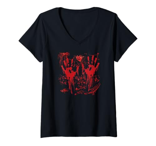 Damen Halloween Blutige Hände Blutspritzer Vampir Kostüm Herren T-Shirt mit V-Ausschnitt von Halloween Kostüm Zombie Verkleidung Damen