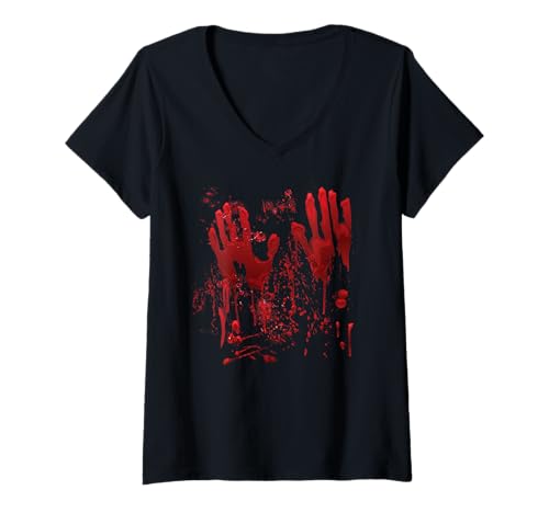 Damen Halloween Kostüm Blut Hände Zombie Verkleidung Halloween T-Shirt mit V-Ausschnitt von Halloween Kostüme Bekleidung Herren Damen Vampire