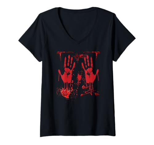 Damen Halloween Kostüm Blut Hände Zombie Verkleidung Halloween T-Shirt mit V-Ausschnitt von Halloween Kostüme Bekleidung Herren Damen Vampire