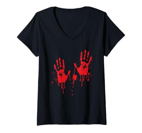 Damen Halloween Kostüm Blut Hände Zombie Verkleidung Halloween T-Shirt mit V-Ausschnitt von Halloween Kostüme Bekleidung Herren Damen Vampire