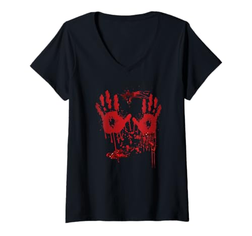 Damen Halloween Kostüm Blut Hände Zombie Verkleidung Halloween T-Shirt mit V-Ausschnitt von Halloween Kostüme Bekleidung Herren Damen Vampire