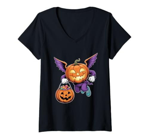 Damen Halloween Kürbis Mit Flügeln Und Süßes Oder Saures T-Shirt mit V-Ausschnitt Damen Halloween Kürbis Mit Flügeln Und Süßes Oder Saures T-Shirt mit V-Ausschnitt von Halloween Kürbis Fledermaus Süßes Oder Saures