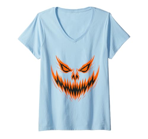 Damen Gruseliges Kürbis Gesicht Halloween Horror Motiv T-Shirt mit V-Ausschnitt Damen Gruseliges Kürbis Gesicht Halloween Horror Motiv T-Shirt mit V-Ausschnitt von Halloween Kürbis Gesicht Horror Gruselig Party