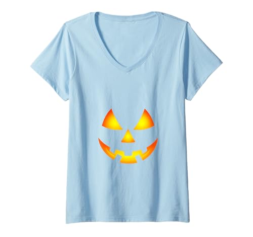 Damen Leuchtender Kürbis Kopf Halloween Horror Gesicht T-Shirt mit V-Ausschnitt von Halloween Kürbis Gesicht Leuchtend Gruselig
