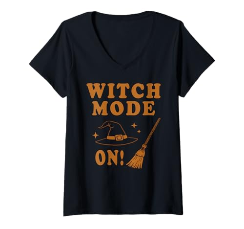 Damen Witch Mode On Halloween Kostüm T-Shirt mit V-Ausschnitt von Halloween Kürbis Kostüme Lustige Geschenke